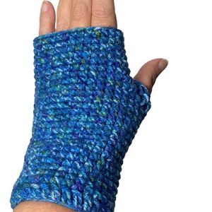Crochet Fingerless Mittens Blue Winter Texting Handmade Unique